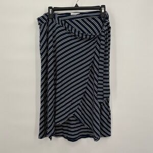 Adrienne Vittadini Women XL Navy Blue White Stripe Faux Wrap Midi Skirt Tie Side